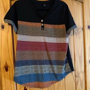 SHEIN Striped V-Neck Button T-Shirt